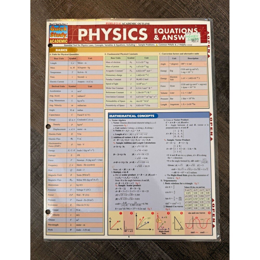 QuickStudy Physics Equations & Answers Laminated Study Guide, College/Advanced